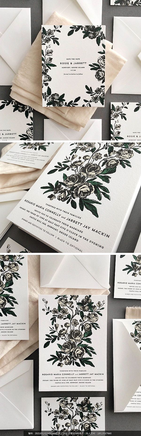 极简个性花朵边框Letterpress凸版印刷婚礼宴会请柬贺卡设计定制